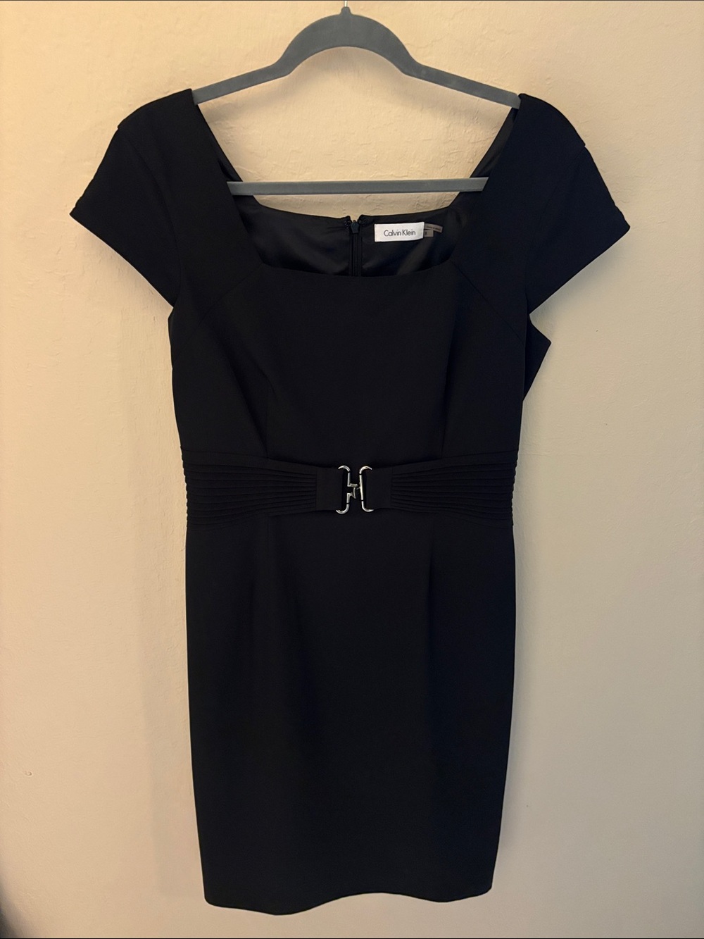 Calvin Klein Black Cap-Sleeve Sheath Dress with Decorative Belt - Size 8